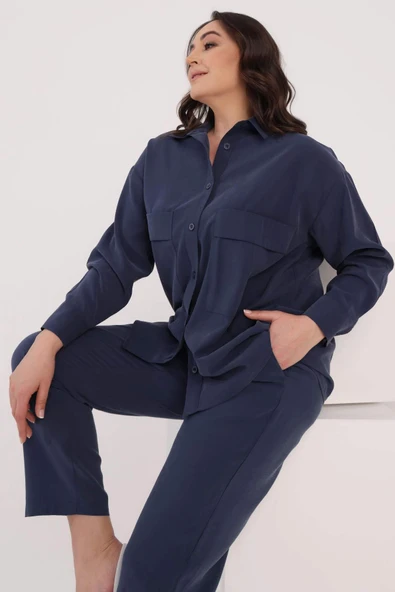 Büyük Beden Oversize Süs Cep Detaylı İndigo Gömlek Pantolon Takım - 5