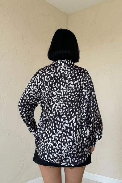 Siyah Leopar Desenli Saten Gömlek - 4