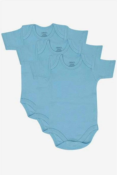 %100 Organik Pamuk 3'lü Mavi Kısa Kollu Bebek Çıtçıtlı Zıbın Body