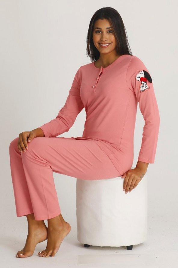 Pembe Renkli Teknur 71409 Bayan Uzun Kollu Modal Kumaş Pijama Takımı