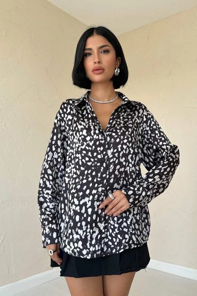 Siyah Leopar Desenli Saten Gömlek