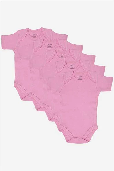 %100 Organik Pamuklu Pembe Kısa Kollu Bebek Body 5'li Paket