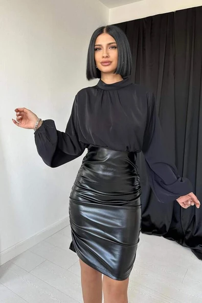 Siyah Deri Elbise - 3