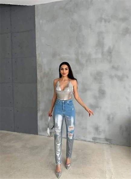 DİZ YIRTIK VARAKLI MOM KOT PANTOLON - Gümüş - 1