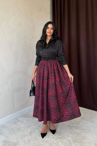 Bordo Leopar Büzgülü Uzun Etek - 2