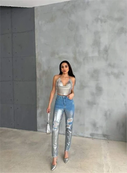 DİZ YIRTIK VARAKLI MOM KOT PANTOLON - Gümüş - 2
