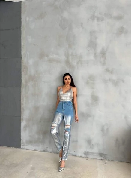 DİZ YIRTIK VARAKLI MOM KOT PANTOLON - Gümüş - 3