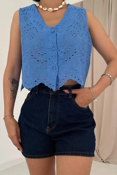 Mavi Sıfır Kol Brode Bluz - 3