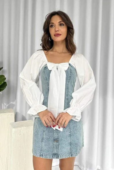 Mavi Önü Fiyoklu Kot Elbise