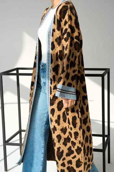 Uzun Leopar Hırka - Camel-Mavi - 5