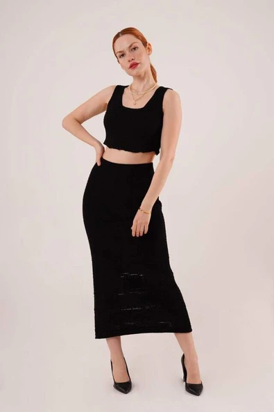 Örme Detaylı Etek Ve Bluz Siyah Takım
