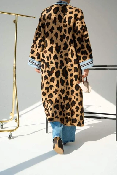 Uzun Leopar Hırka - Camel-Mavi - 2