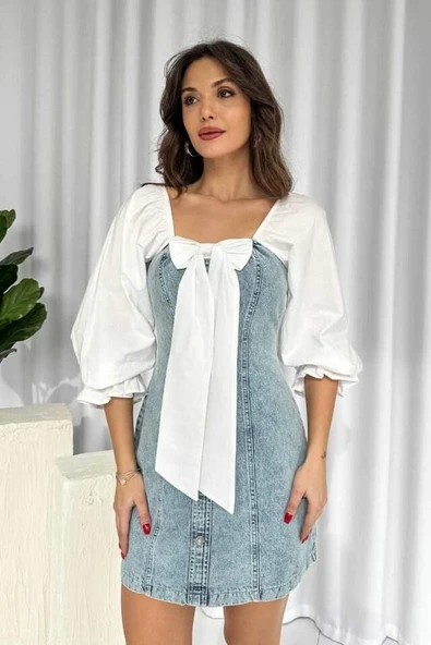 Mavi Önü Fiyoklu Kot Elbise - 2