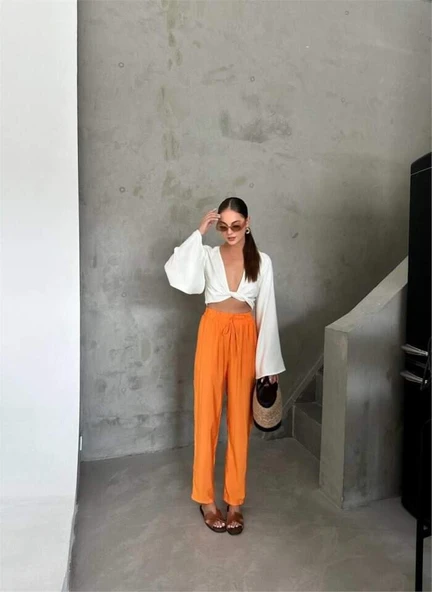 BEL LASTİK DETAYLI MODAL KUMAŞ PANTOLON - Orange - 3