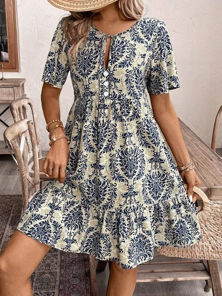 Kadın Kısa Kollu Yakadan Bağcıklı Desenli Fırfırlı Süprem Elbise