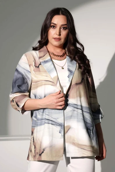 Angelino Moda Büyük Beden Batik Desen Kruvaze Yaka Gri Ceket