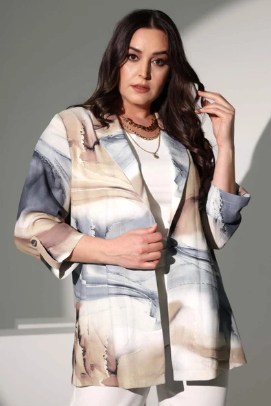 Angelino Moda Büyük Beden Batik Desen Kruvaze Yaka Gri Ceket - 7
