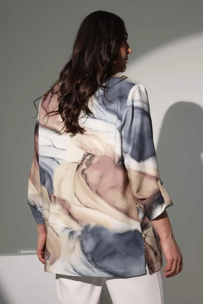 Angelino Moda Büyük Beden Batik Desen Kruvaze Yaka Gri Ceket - 8