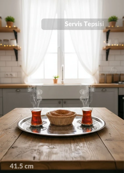Geleneksel Çelik Sini – 41,5 cm Paslanmaz Yemek Tepsisi, Çay ve Kahve Sunum No:45 - Resim 2