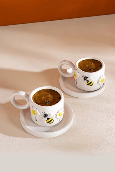 Rivaİstanbul Arı & Papatya Amore El Yapımı Seramik İkili Türk Kahvesi Fincan Takımı - Resim 2