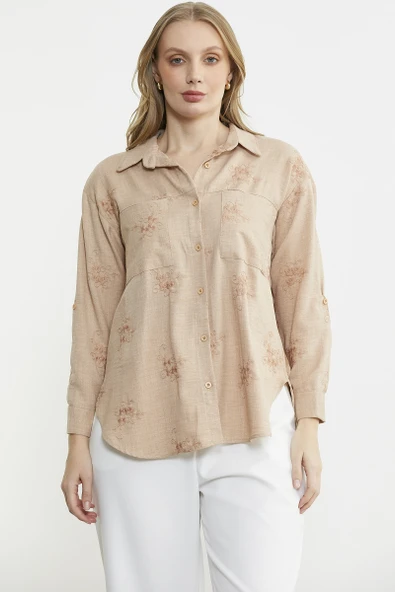 Çiçek Nakış Detaylı Cepli Gömlek - Bej