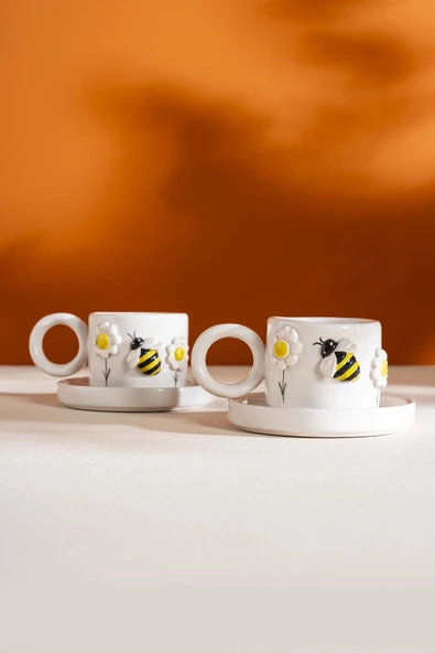 Rivaİstanbul Arı & Papatya Amore El Yapımı Seramik İkili Türk Kahvesi Fincan Takımı ürün görseli 1