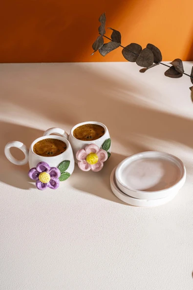 Rivaİstanbul Renkli Papatya Amore El Yapımı Seramik İkili Türk Kahvesi Fincan Takımı - Resim 5