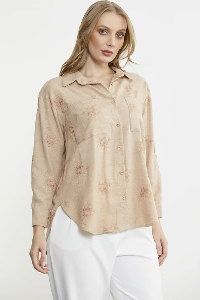 Çiçek Nakış Detaylı Cepli Gömlek - Bej - 2
