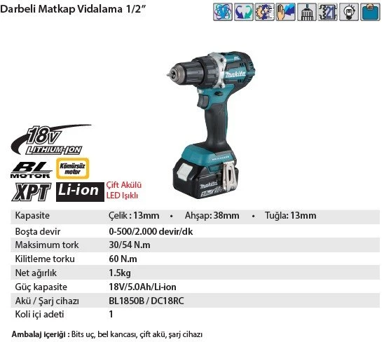 Makita DHP484RTJ 5 AH. Darbeli Matkap Vidalama 1/2” - Resim 5