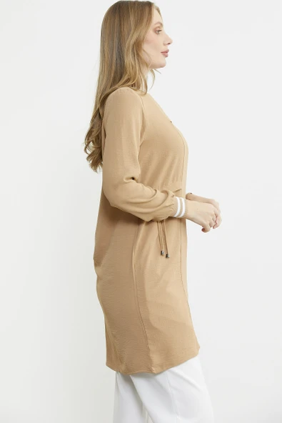 Uzun Kol Krep Ribanalı Tunik - Bej - 5