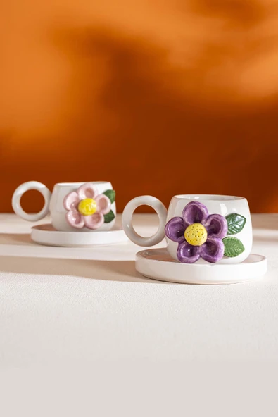 Rivaİstanbul Renkli Papatya Amore El Yapımı Seramik İkili Türk Kahvesi Fincan Takımı ürün görseli 1