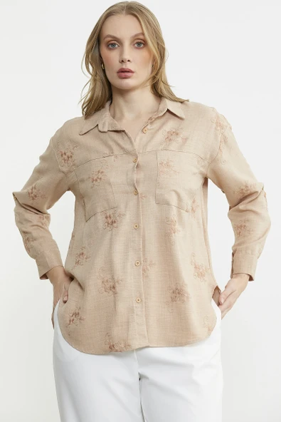 Çiçek Nakış Detaylı Cepli Gömlek - Bej - 3