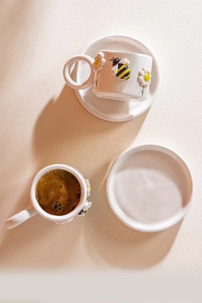 Rivaİstanbul Arı & Papatya Amore El Yapımı Seramik İkili Türk Kahvesi Fincan Takımı - Resim 4