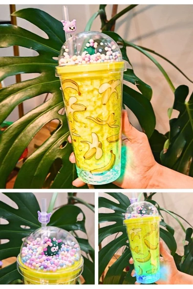 450 ML Çift Katman Suluk Led Işıklı Figürlü Banana Muz Temalı Pipetli Buzlu Cam Görünümlü Suluk 2768