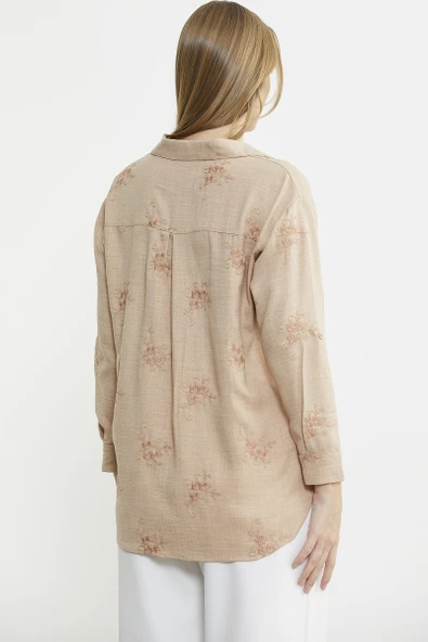 Çiçek Nakış Detaylı Cepli Gömlek - Bej - 6