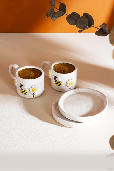 Rivaİstanbul Arı & Papatya Amore El Yapımı Seramik İkili Türk Kahvesi Fincan Takımı - Resim 3