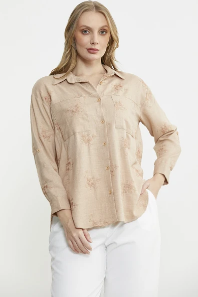 Çiçek Nakış Detaylı Cepli Gömlek - Bej - 5