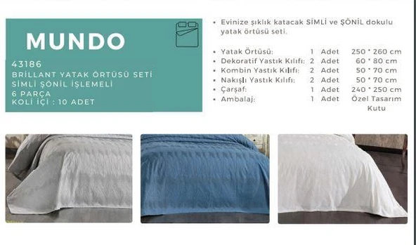 Brillant MUNDO 43186 YATAK ÖRTÜSÜ SETİ SİMLİ ŞÖNİL ŞLEMELİ 6 PARÇA İNDİGO MAVİ - 3