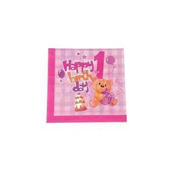 Kağıt Peçete 1 Yaş Happy Birthday Ayıcıklı (20 Adet)  Pembe