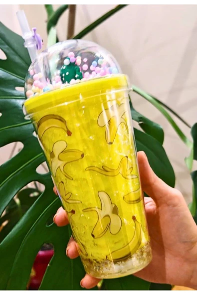 450 ML Çift Katman Suluk Led Işıklı Figürlü Banana Muz Temalı Pipetli Buzlu Cam Görünümlü Suluk 2768 - 3