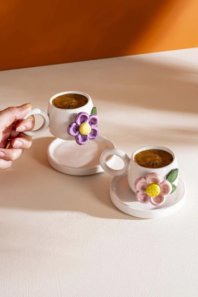 Rivaİstanbul Renkli Papatya Amore El Yapımı Seramik İkili Türk Kahvesi Fincan Takımı - Resim 3