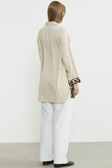 Leopar Detaylı Tunik Gömlek - Taş - 6