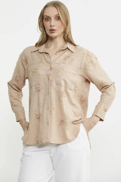 Çiçek Nakış Detaylı Cepli Gömlek - Bej - 4
