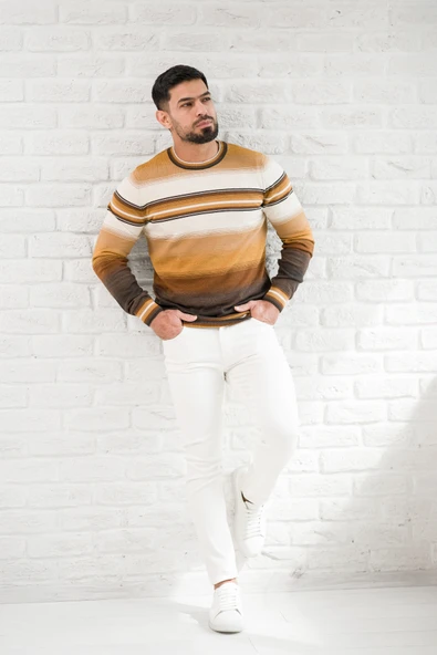 San&Fa Bisiklet Yaka Çizgili Slimfit Yünlü Triko Kazak - Resim 2