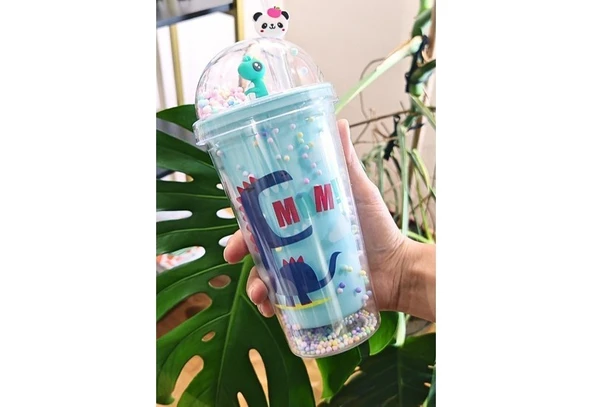 Pipetli Suluk Karakter Figürlü Sevimli Dino Temalı Çift Katman 450 ml Suluk Pipetli Matara Mavi 2769 - 2
