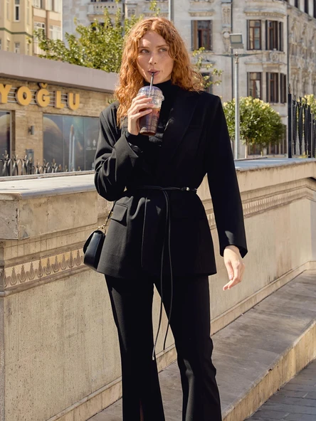 Oversize Kuşaklı Blazer Ceket Siyah - 3