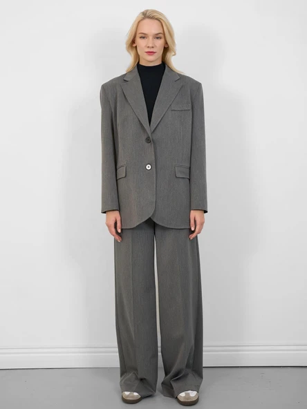 Oversize Düğmeli Blazer Ceket Gri - 2