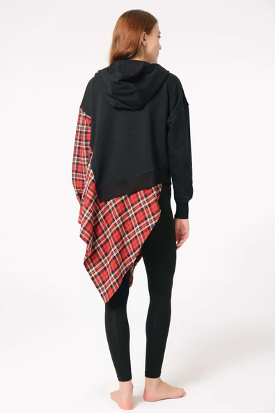 MAN9748 Kadın Pamuklu Ekose Kapüşonlu Uzun Kol Sweatshirt ve Tayt Takım (9748) - 1