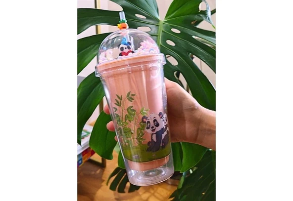 450 ml Suluk Pipetli Matara Pipetli Suluk Karakter Figür Sevimli Panda Temalı Çift Katman Pembe 2770