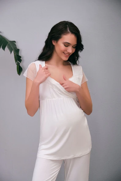 MAN5648 Kadın Viskon Hamile Lohusa Dantelli Sabahlık Önden Açılan Emzirme T-Shirt ve Pantolon Pijama 3lü Takım (5648) - 2